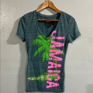 V-Neck T-Shirt with Pink Jamaica Print heathered teal L sun-kissed long Large